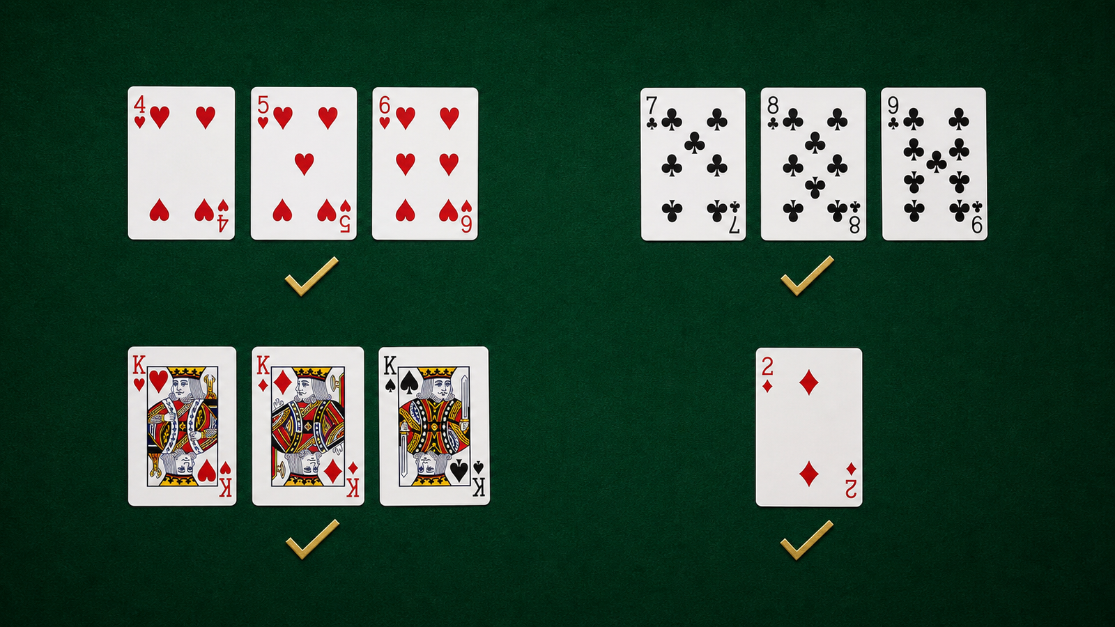 Top-down declaration audit with four-five-six hearts, seven-eight-nine clubs, three kings of different suits and a loose two diamonds