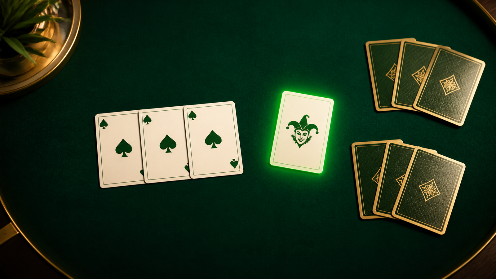 Separate Joker, protected natural spade run and two face-down groups on a dark green Indian Rummy table