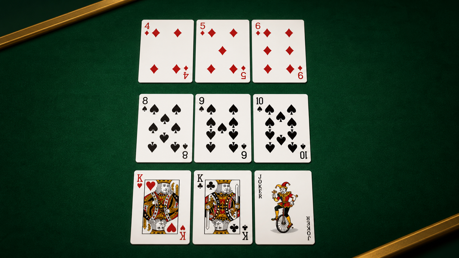 Four-five-six diamonds pure sequence, natural eight-nine-ten spades sequence and Joker beside king hearts-king clubs