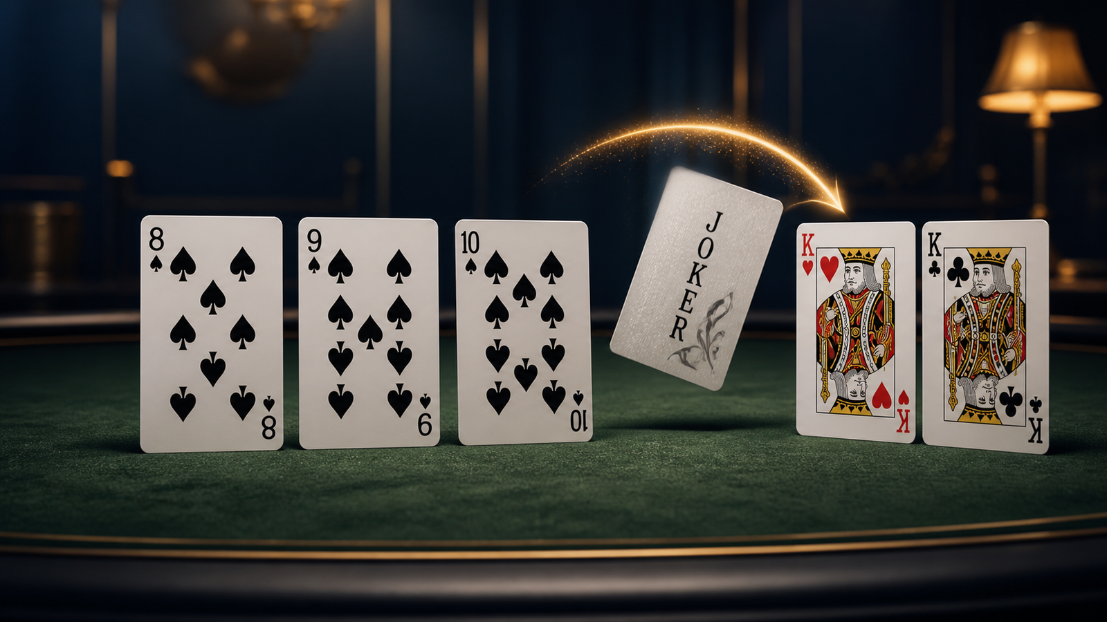 Natural nine of spades replacing a Joker between eight and ten of spades with the Joker redirected toward a king pair