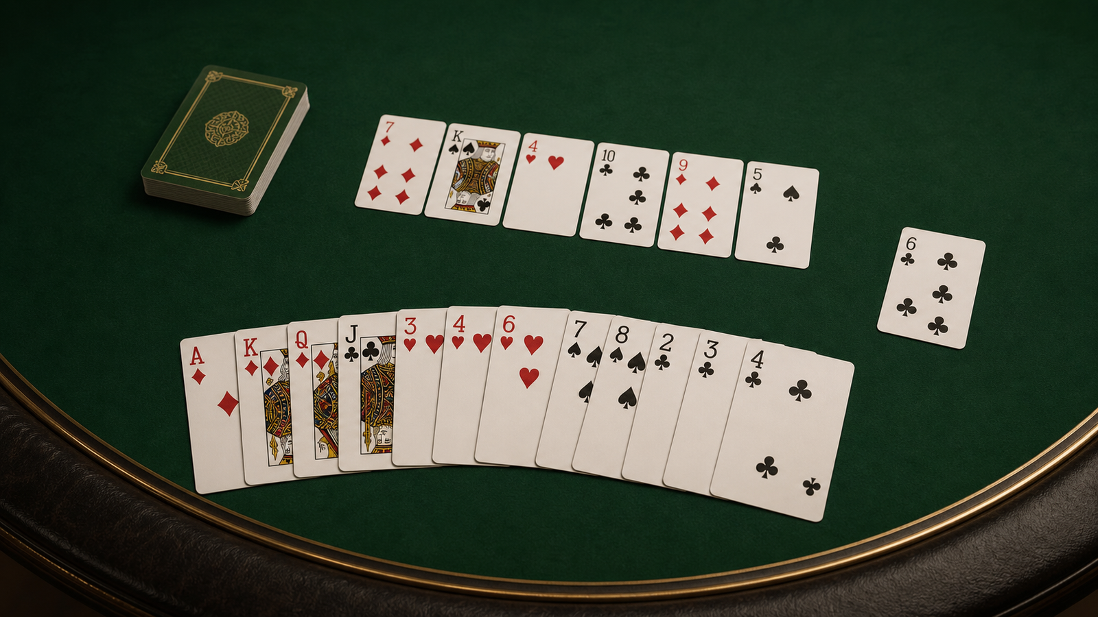 Top-down Indian Rummy pickup example with an open six of clubs, a closed deck and sorted same-suit card routes