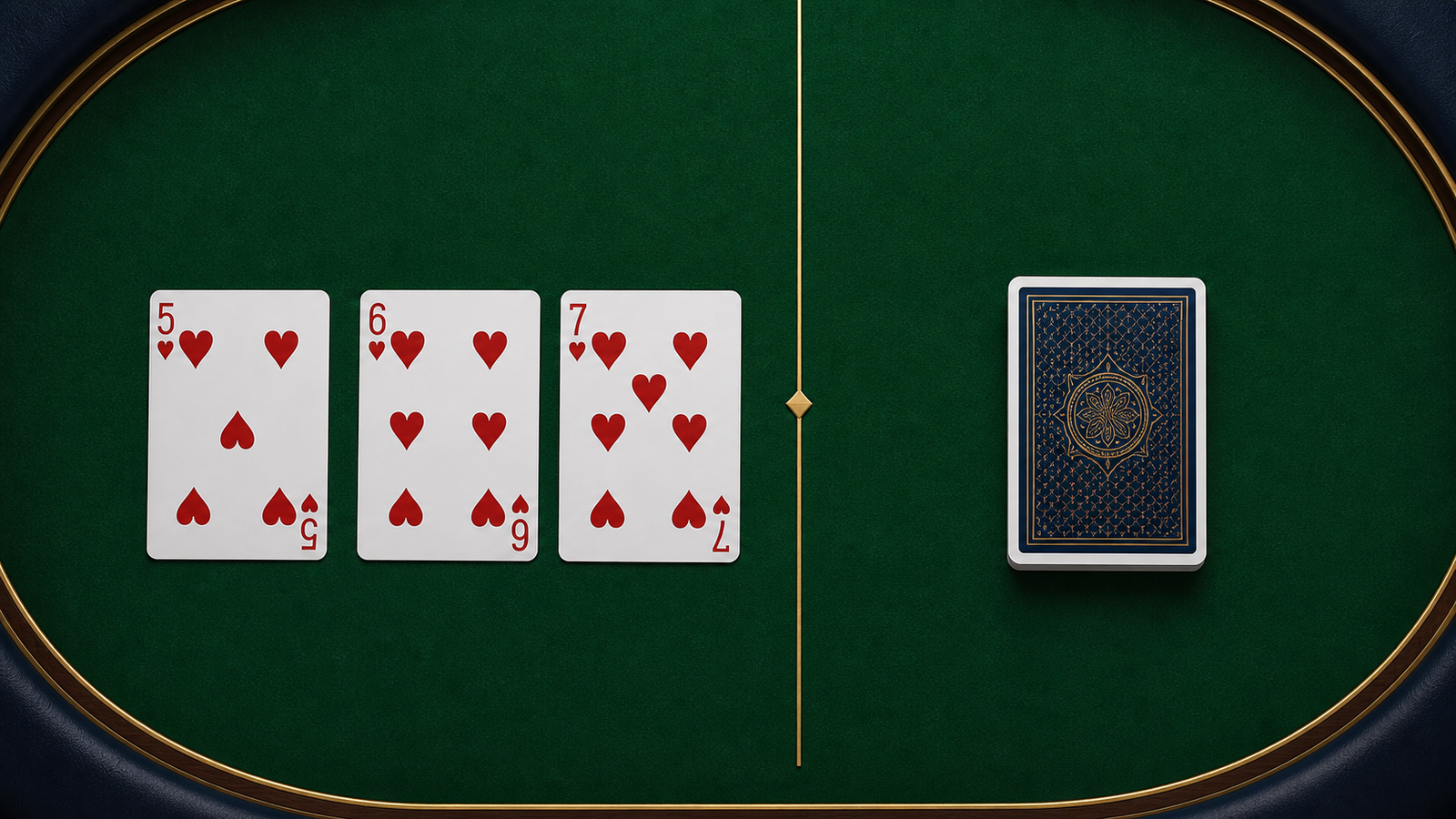 Five, six and seven of hearts compared with a face-down closed-pile draw on a split Indian Rummy table