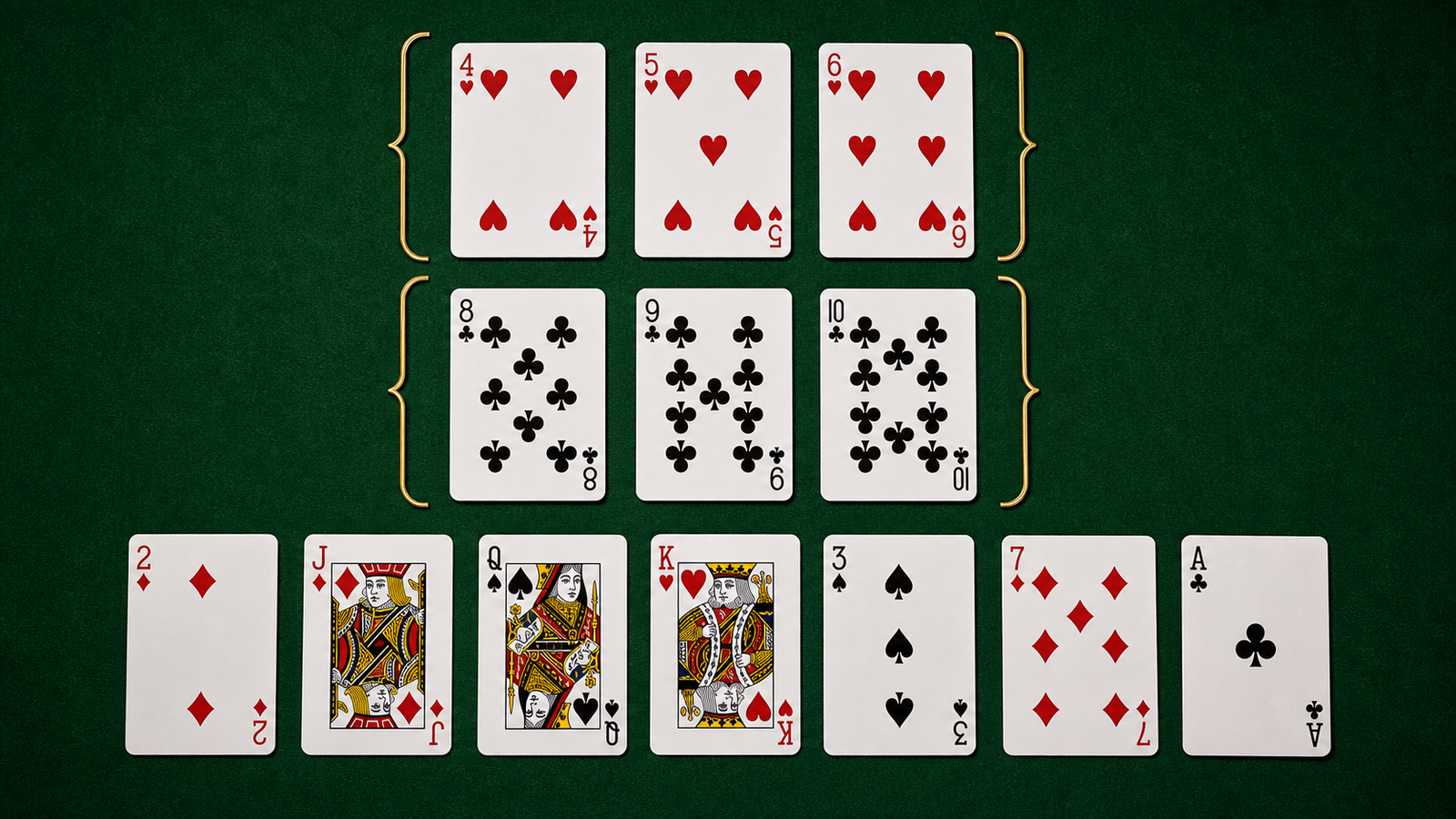 Thirteen cards arranged as a four-five-six hearts run, eight-nine-ten clubs run and seven distinct loose cards