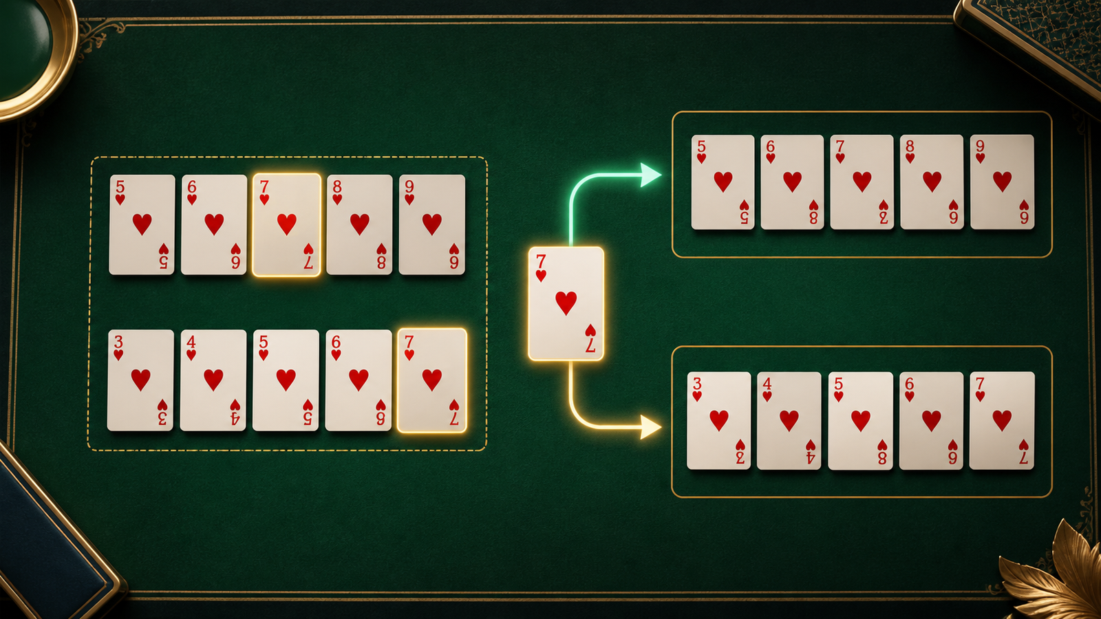 Top-down Indian Rummy planning diagram showing a shared seven of hearts assigned to only one final sequence route