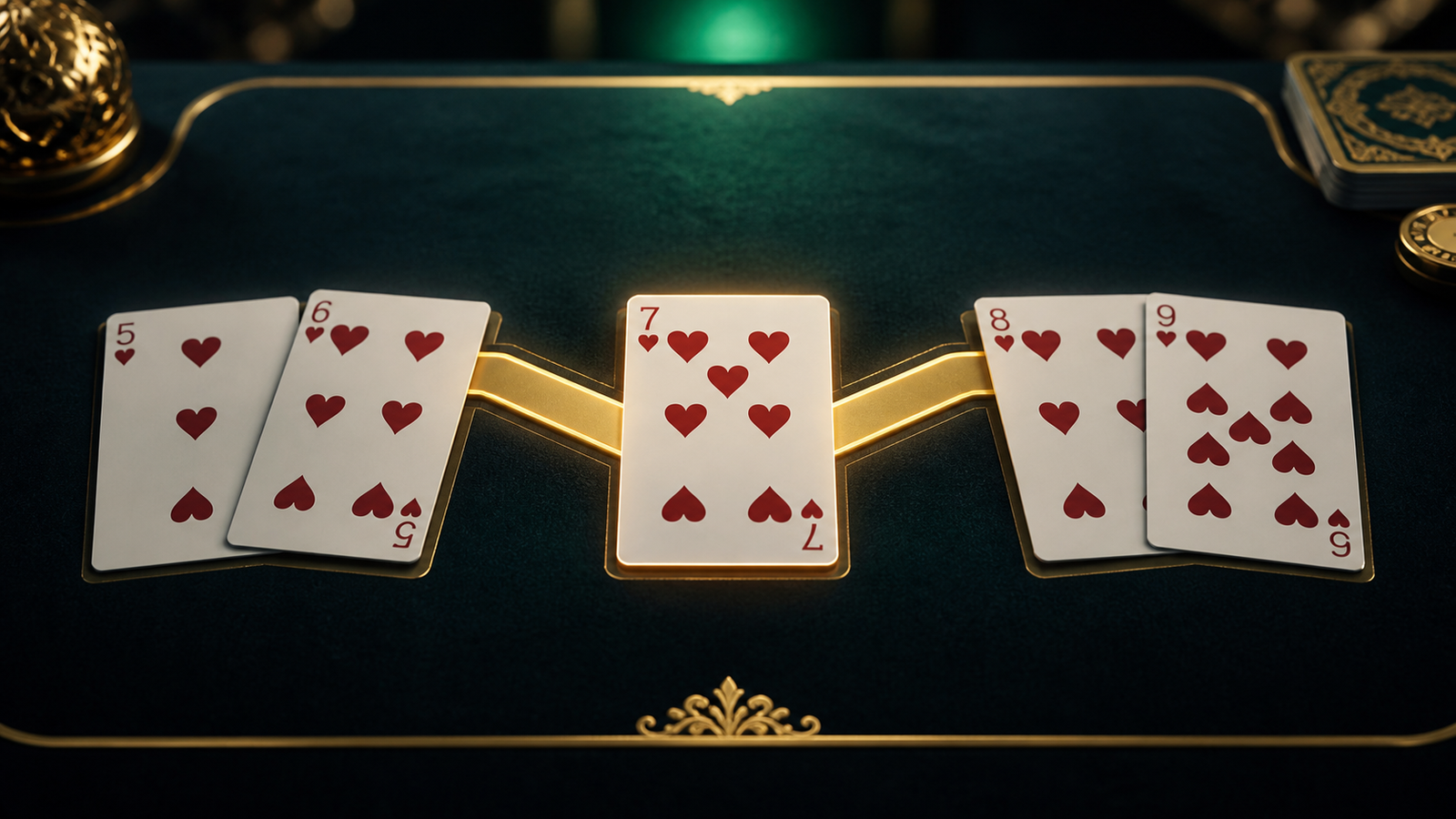 Premium Indian Rummy table with the seven of hearts bridging two competing natural heart sequence routes