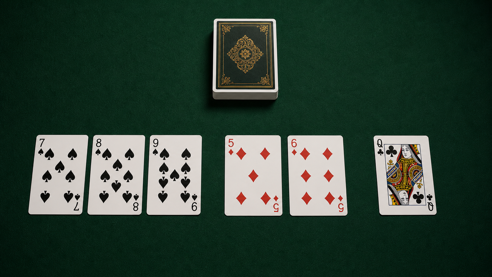 Top-down discard audit showing seven-eight-nine spades, connected five-six diamonds and an isolated queen of clubs
