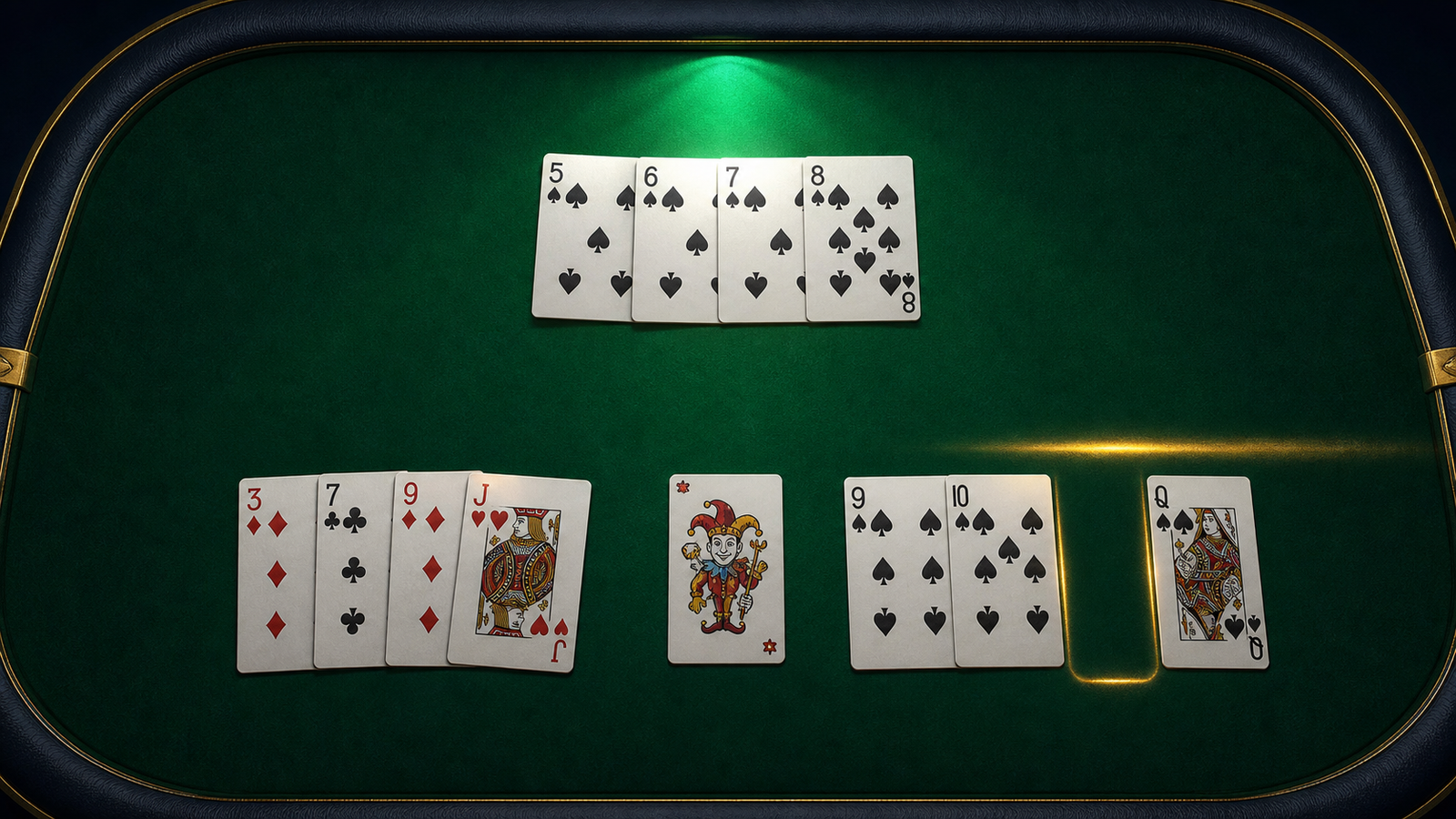 Top-down printed Joker allocation example with a protected five-to-eight spades pure sequence and a single-gap spade route