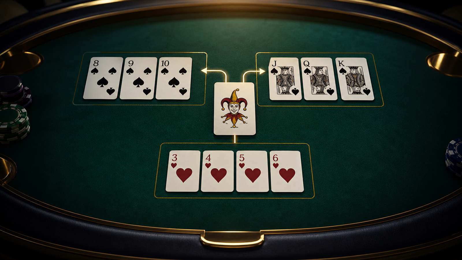 Premium dark Indian Rummy table with a printed Joker between two sequence routes and a protected natural pure sequence