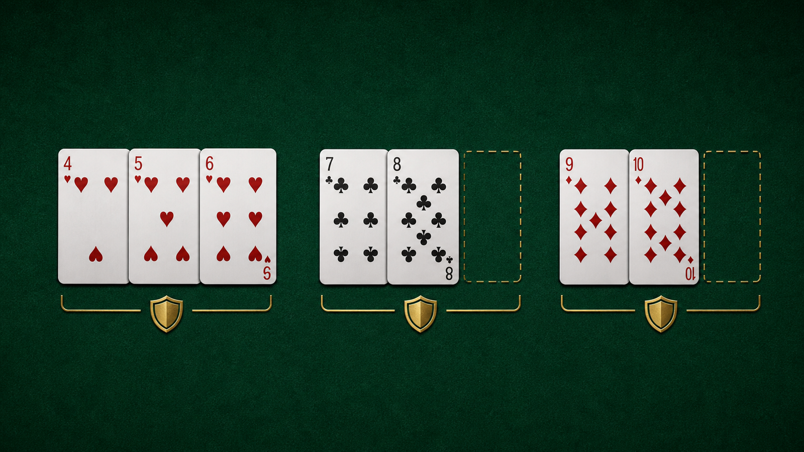Completed four-five-six hearts pure sequence beside incomplete seven-eight clubs and nine-ten diamonds natural routes