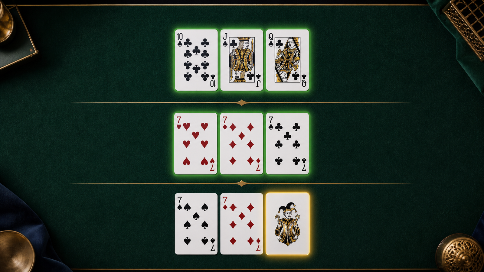 Top-down Indian Rummy rules comparison of a natural club sequence, a natural seven set and a Joker-assisted set