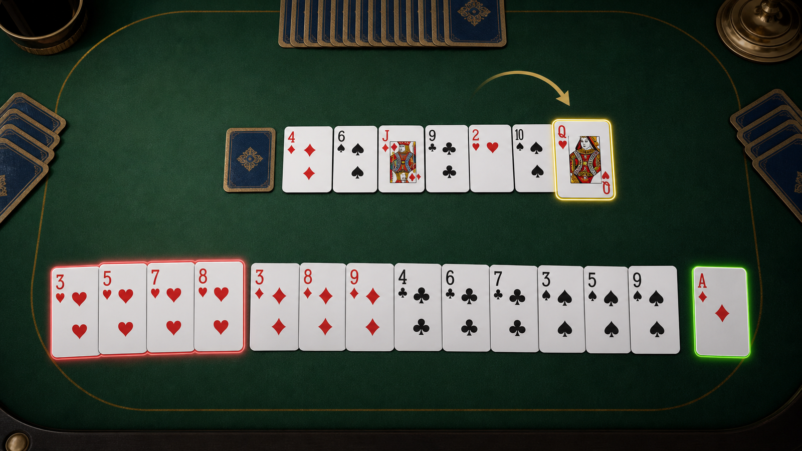 Top-down Indian Rummy observation example with a visible pickup signal, connected cards marked as risky and an isolated discard candidate