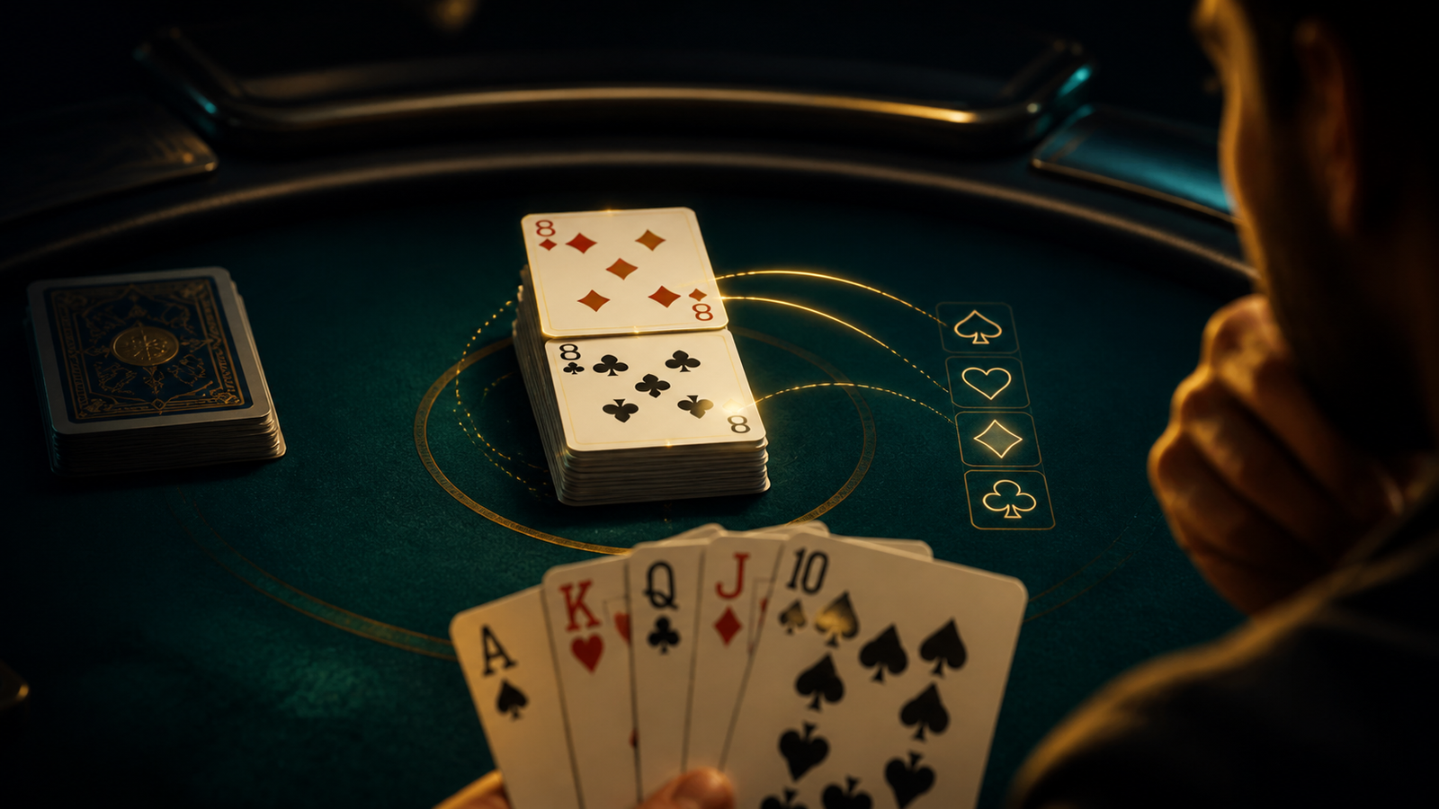 Premium Indian Rummy table with two eights of different suits in the open discard pile and a player observing cautiously