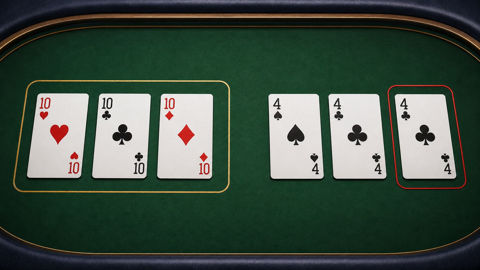 Valid three-suit set of tens compared with a group containing two four of clubs cards