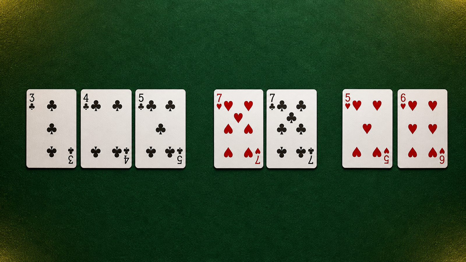 Protected three-four-five clubs pure sequence beside seven hearts-seven clubs and five-six hearts route cards
