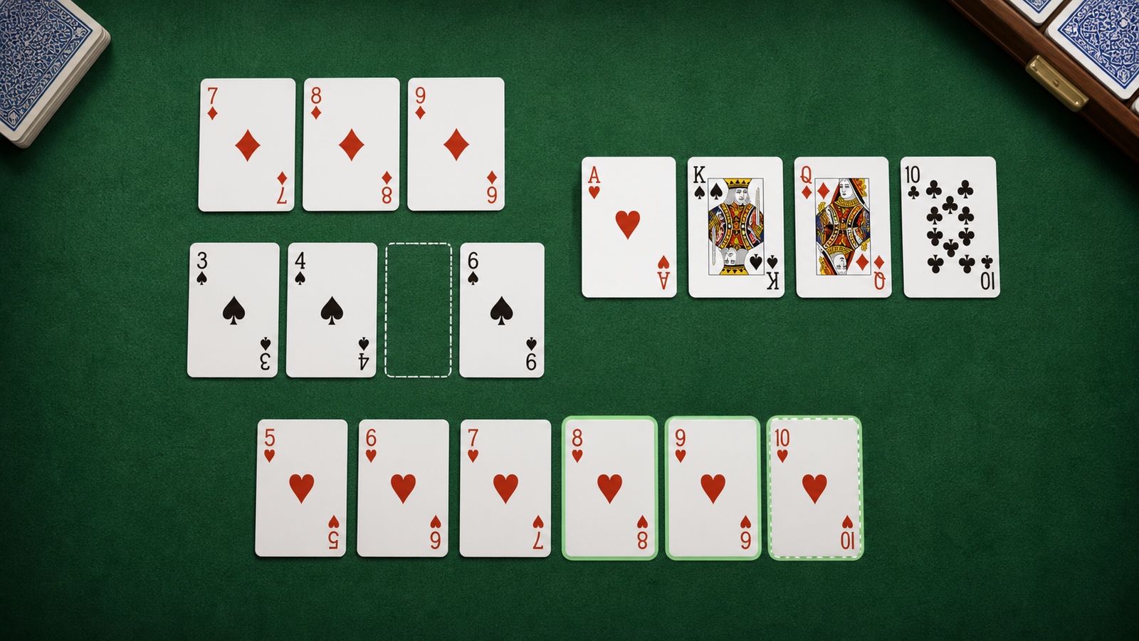 Top-down Indian Rummy hand showing a protected pure sequence, a stale gap route and a flexible alternative