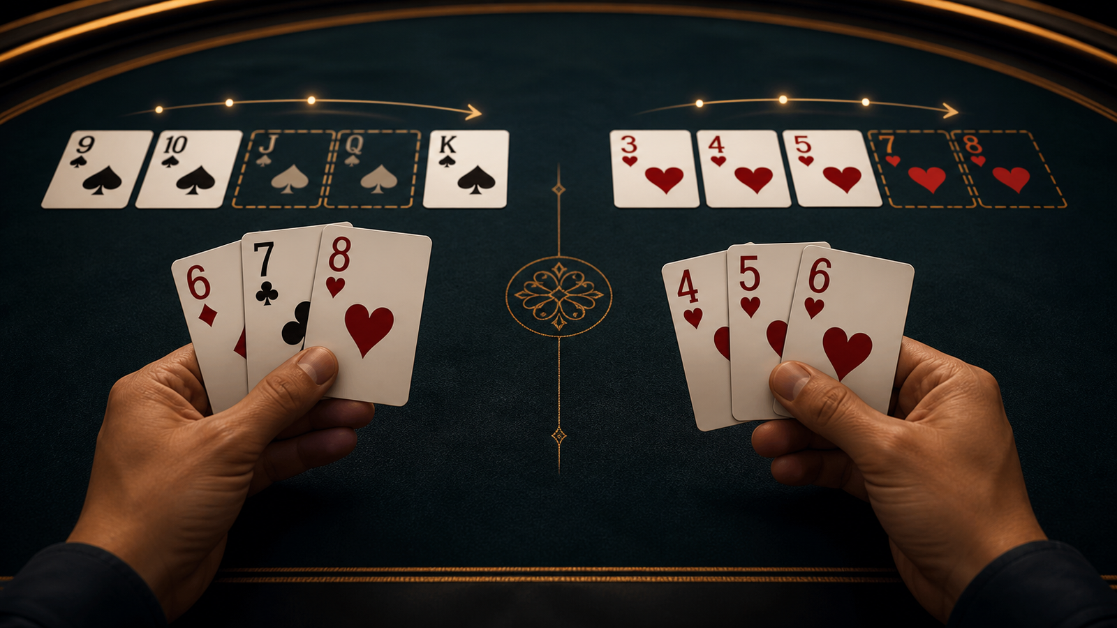 Adult Indian Rummy player comparing a stalled inside-gap route with a flexible open-ended sequence route