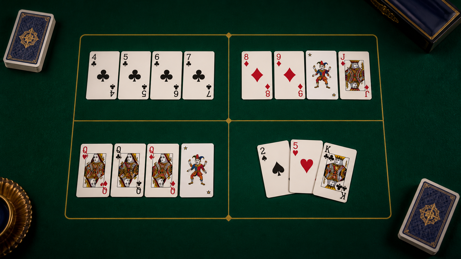 Top-down Indian Rummy hand with a natural pure sequence and two Jokers assigned to separate unfinished groups