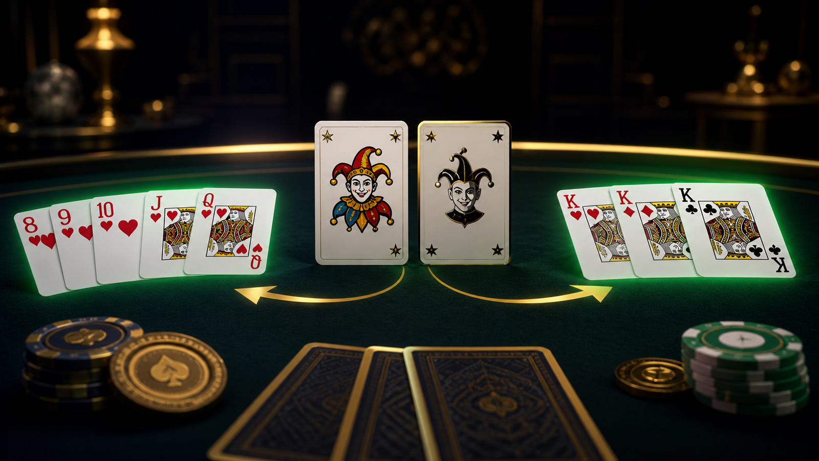 Premium Indian Rummy table with two distinct Jokers branching toward a same-suit sequence and an equal-rank set