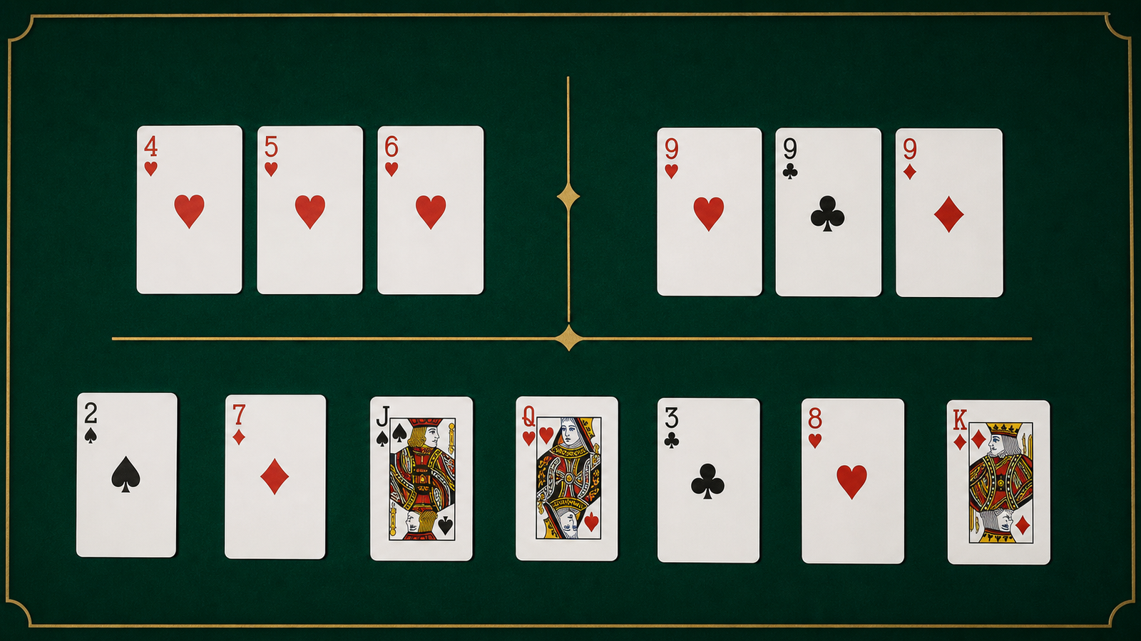 Thirteen-card Indian Rummy review showing four-five-six hearts, three nines and separated loose cards