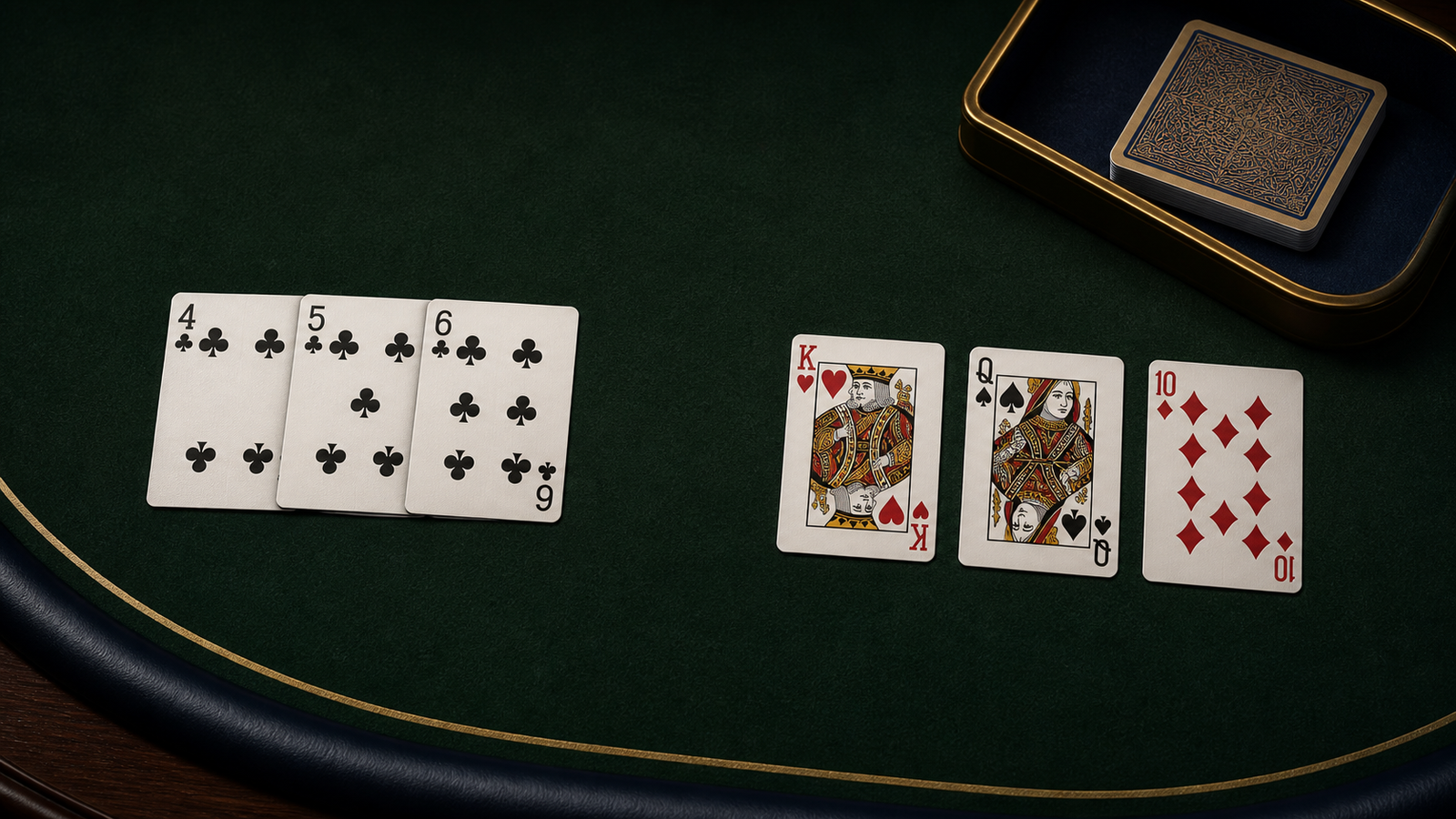 Natural four-five-six club sequence separated from a king of hearts, queen of spades and ten of diamonds during a high-card review