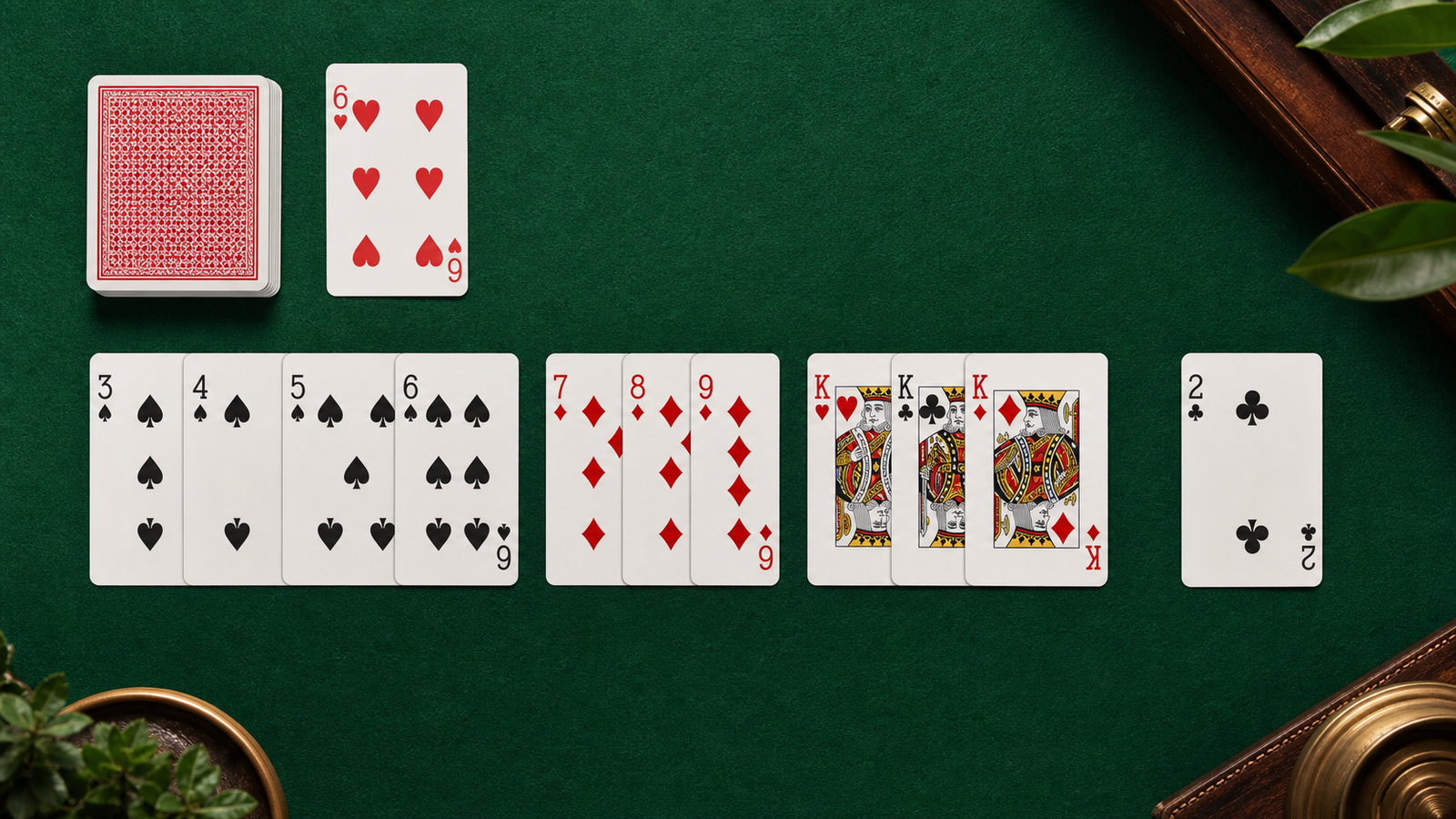Top-down temporary Indian Rummy hand regrouped into sequences, a set and one discard candidate