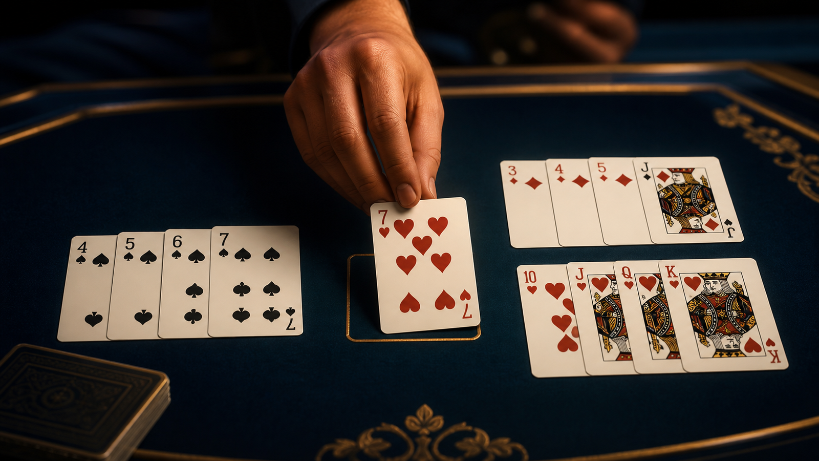 Adult player integrating a useful new card while checking two separate Indian Rummy groups for overlap