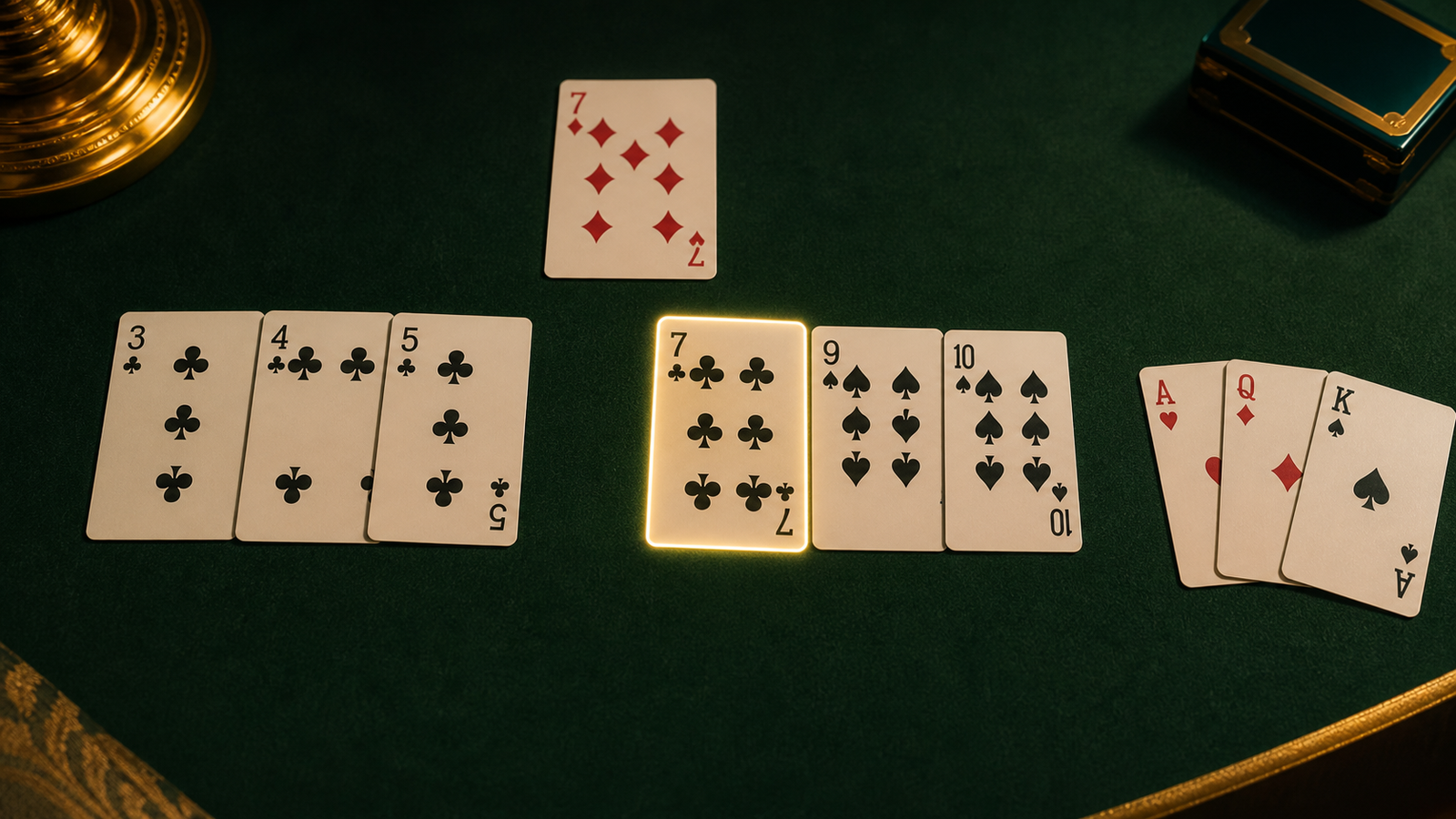 Top-down Indian Rummy hand recheck showing a natural club pure sequence, highlighted wild Jokers and a second sequence route