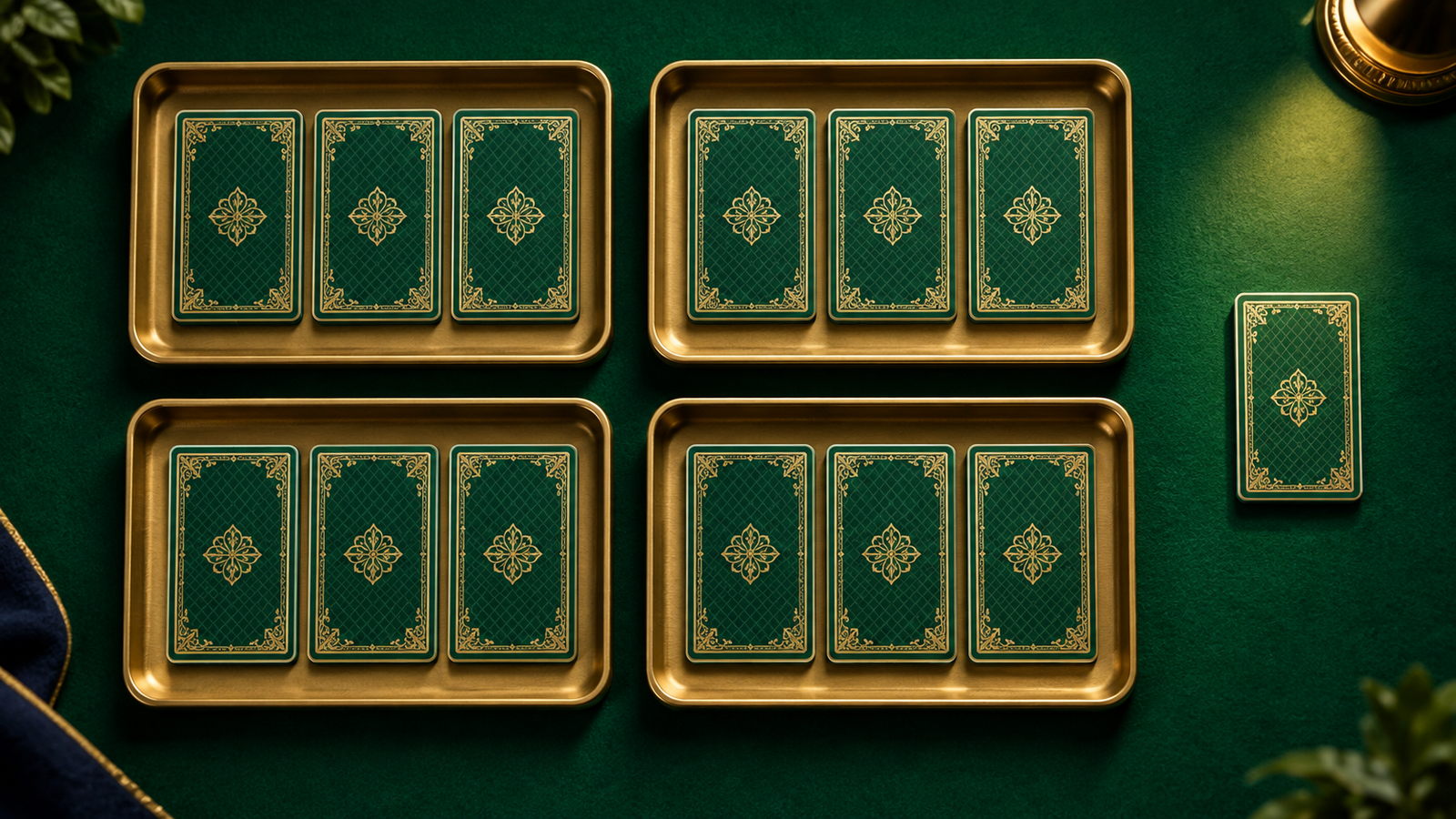Four gold trays each holding three face-down cards, with one extra card outside the trays