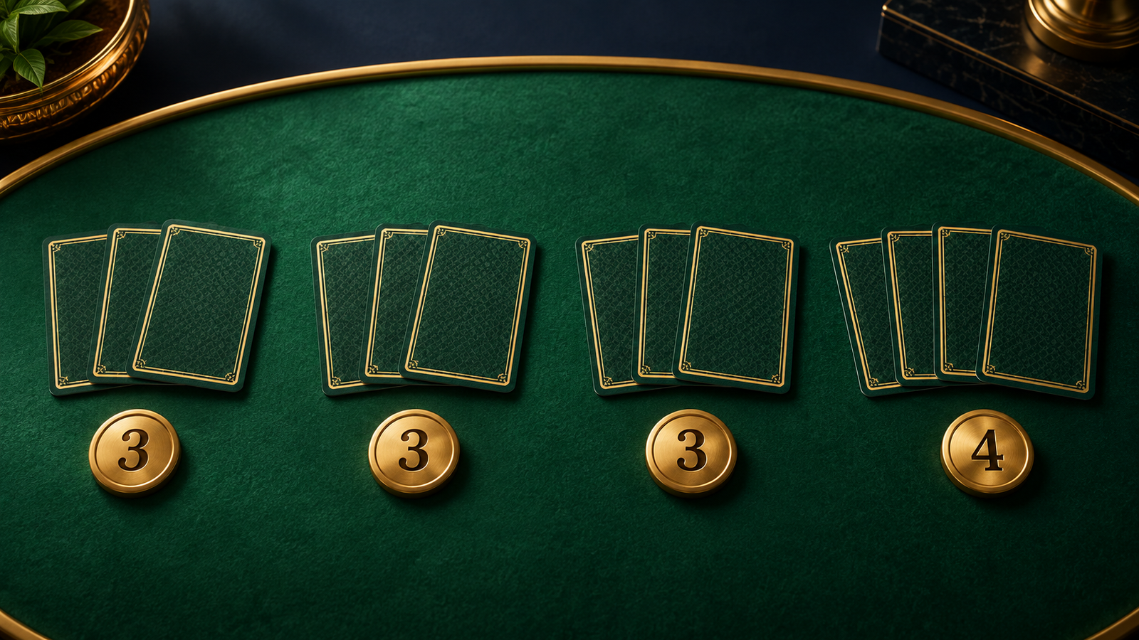 Four face-down card groups containing three, three, three and four cards with matching gold number markers
