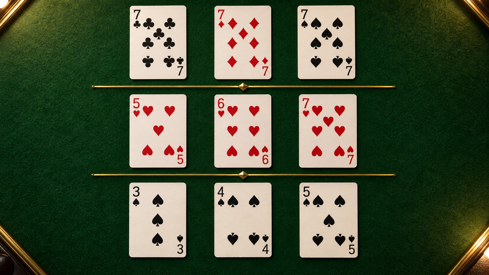 Three suit-distinct sevens, five-six-seven hearts and three-four-five spades in separate rows