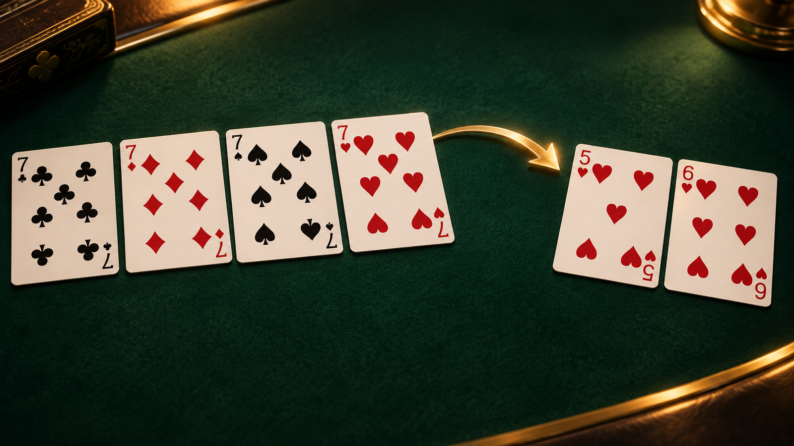 Four seven cards with a planned move from the heart seven toward five and six of hearts