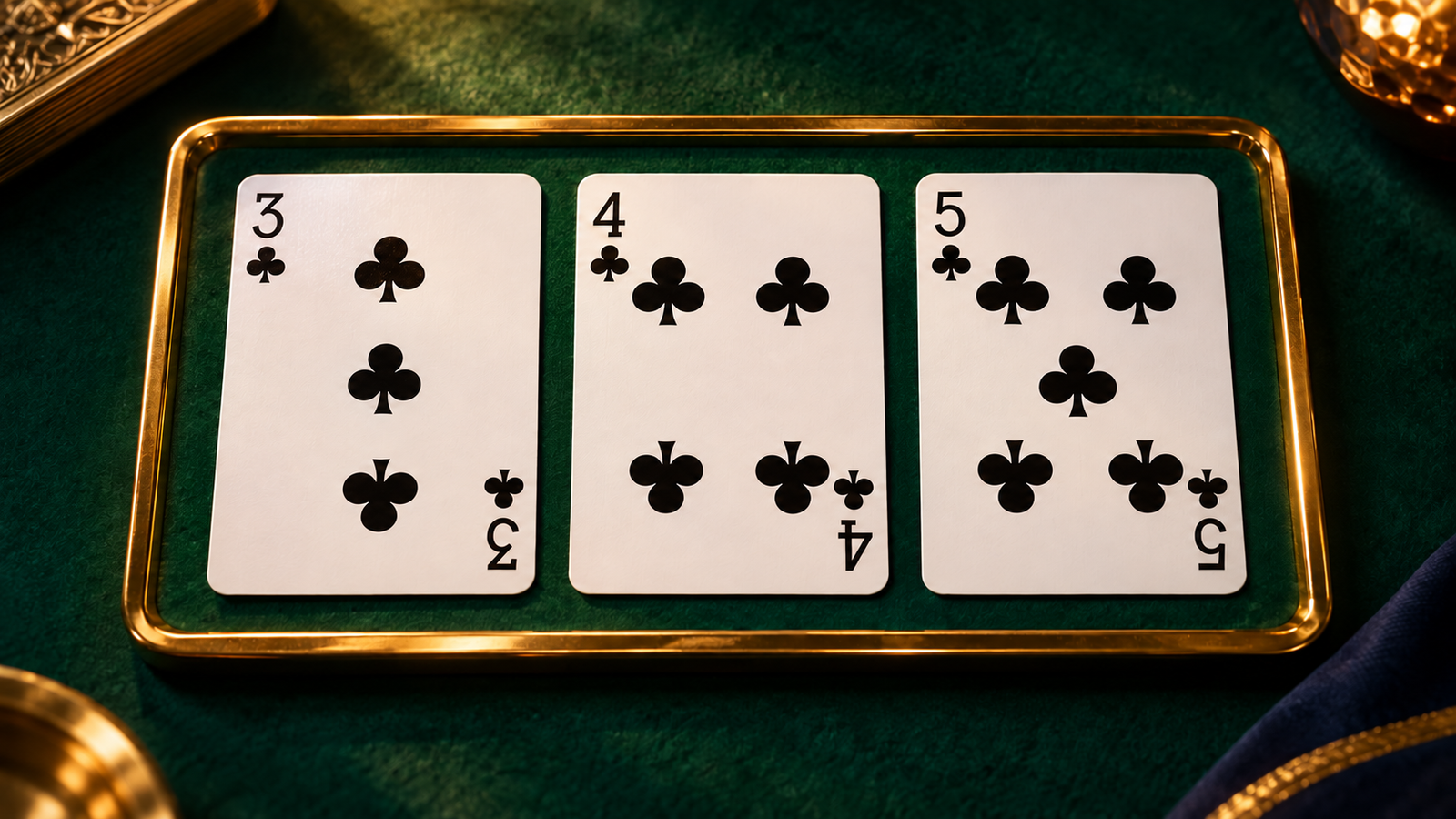 Three, four and five of clubs arranged side by side in a gold tray