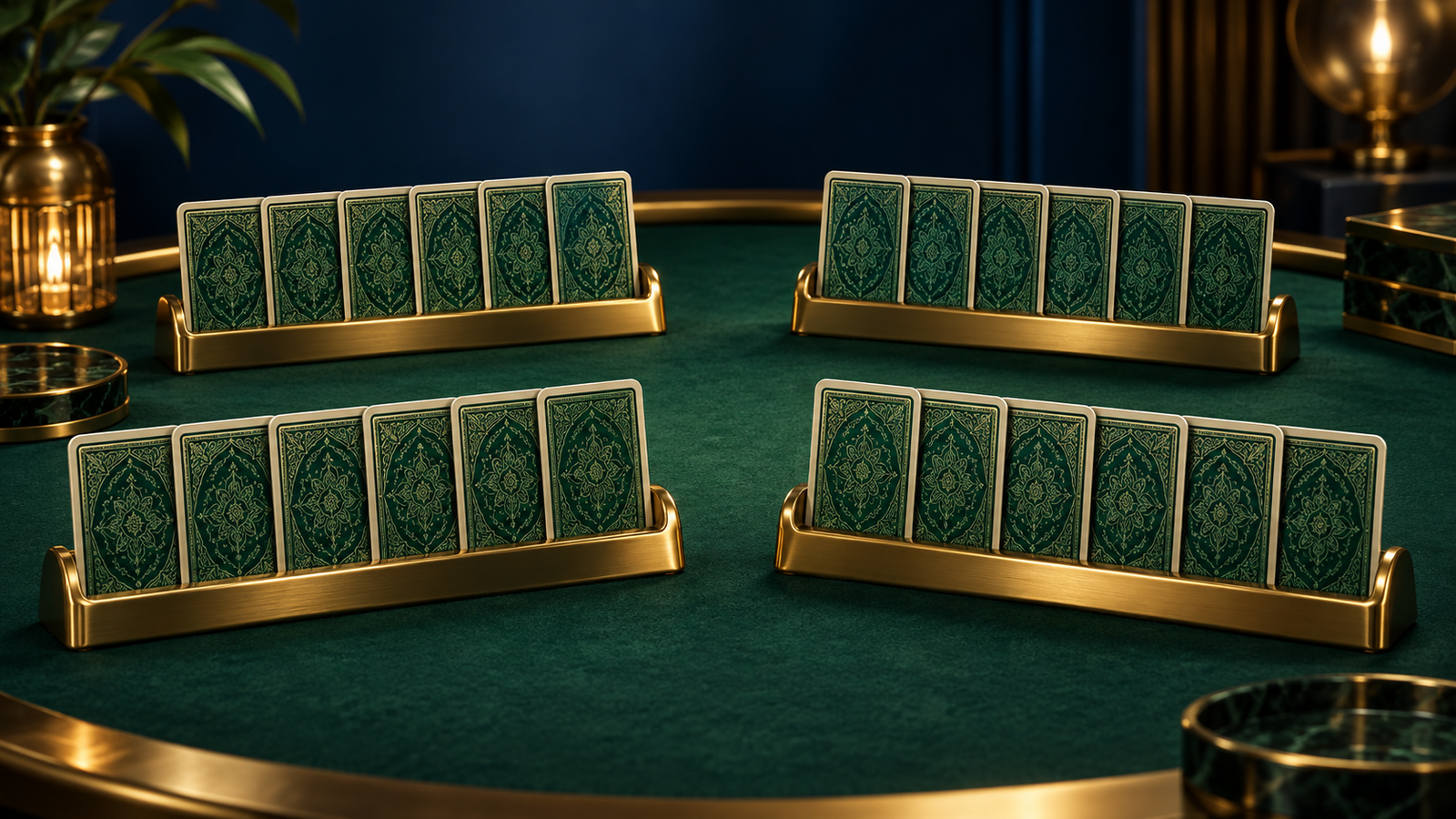 Four gold card holders displaying rows of face-down green playing cards