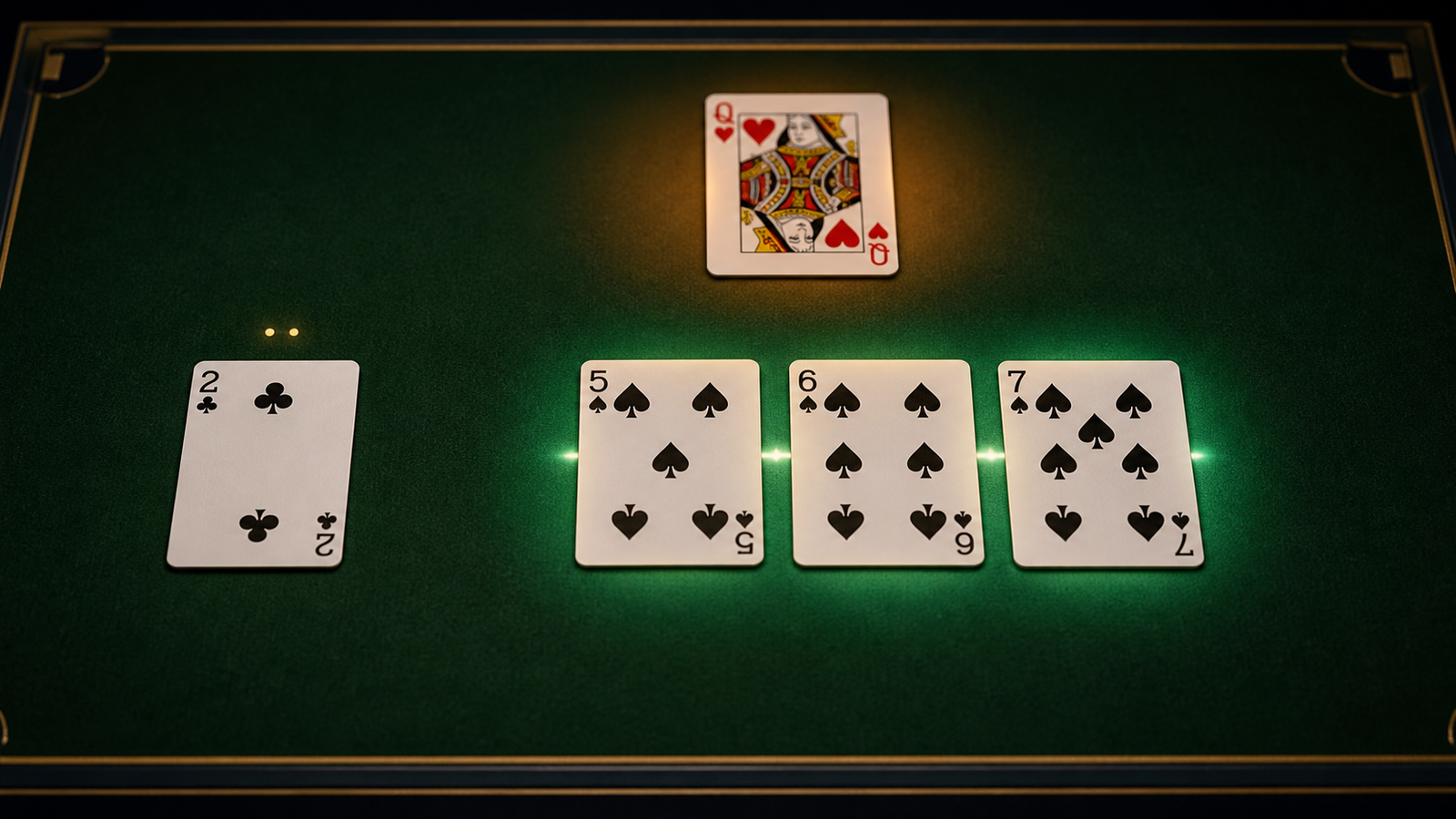 Two of clubs and queen of hearts compared with a natural five six seven of spades sequence