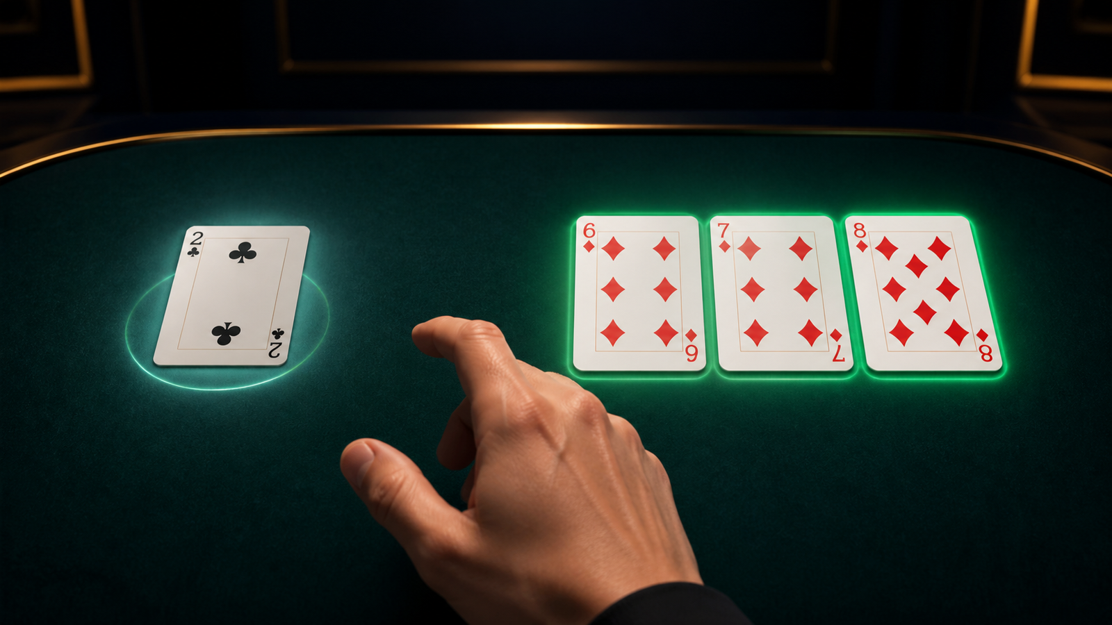 Two of clubs compared with a connected six seven eight of diamonds sequence on a dark green Rummy table