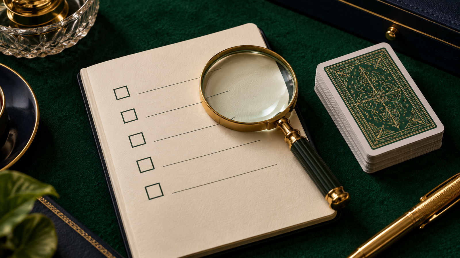A blank checklist notebook and magnifying glass beside a closed card deck on green felt