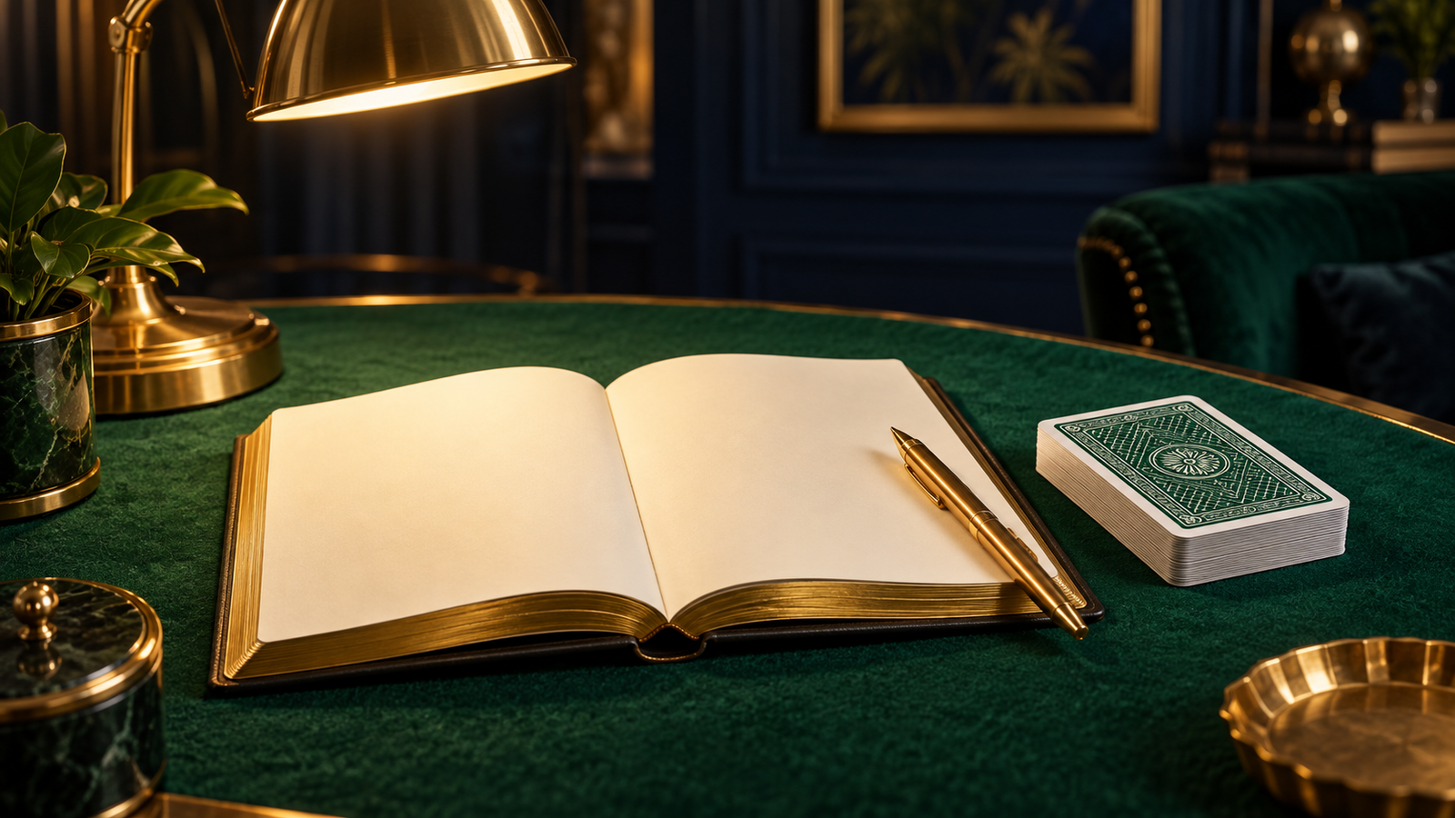 A gold-edged notebook and unbranded card deck on a dark green table under a reading lamp
