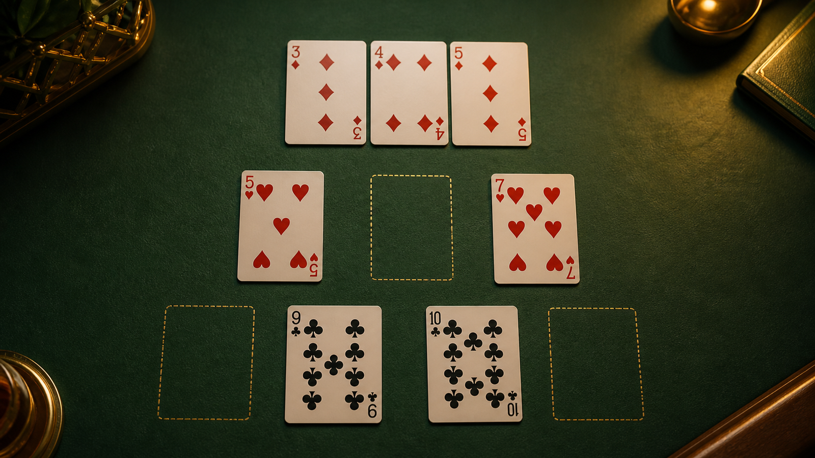 Three-four-five diamonds pure sequence above five-seven hearts and nine-ten clubs unfinished routes