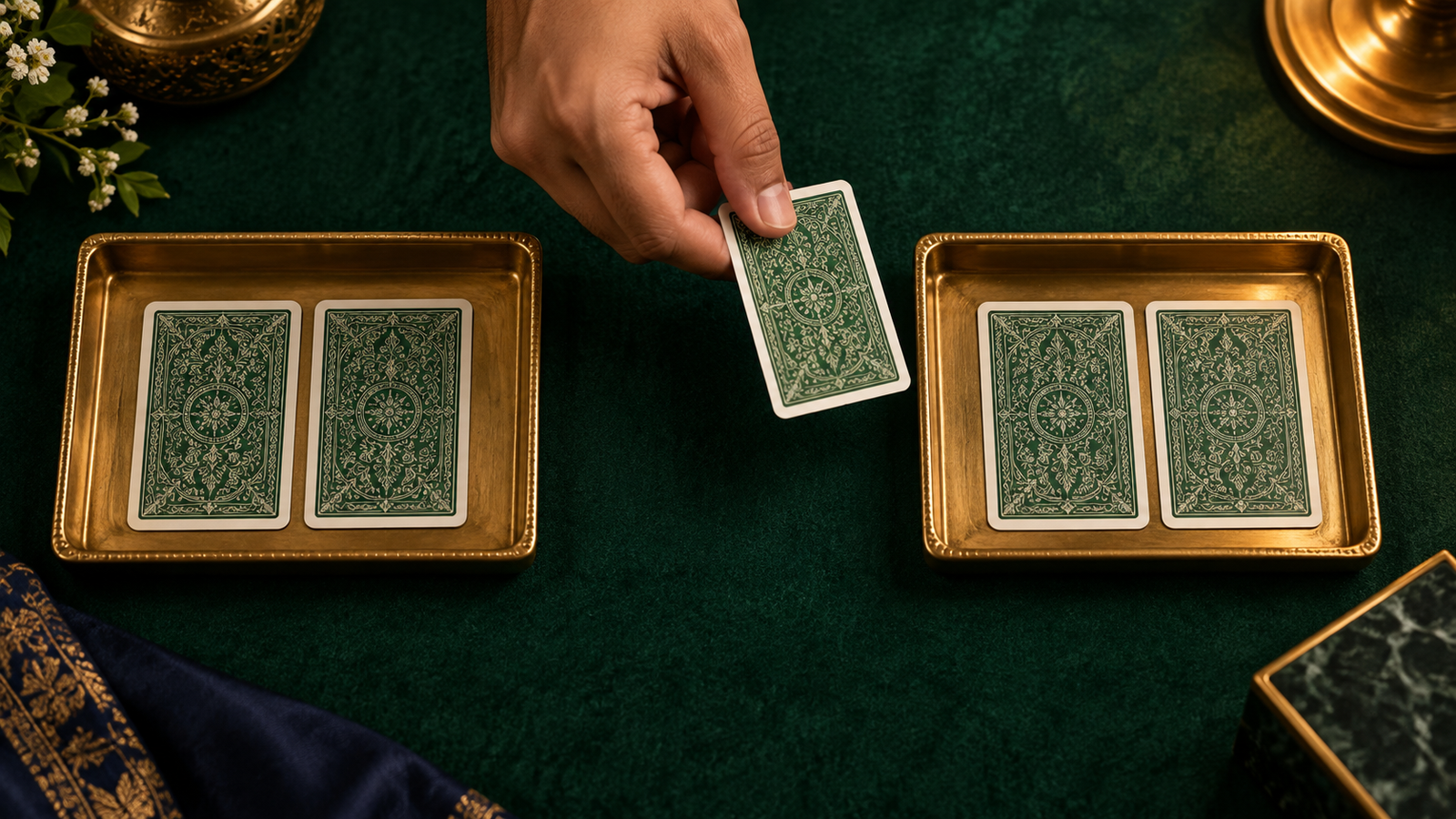 Two separate gold card trays with a single face-down card being moved between them