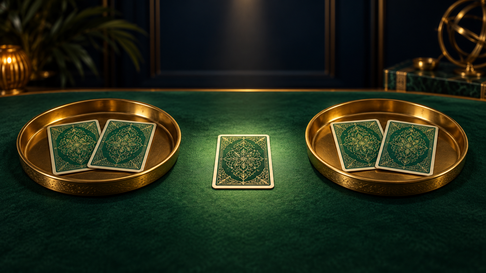 Two gold trays holding face-down cards with one separate card between the trays