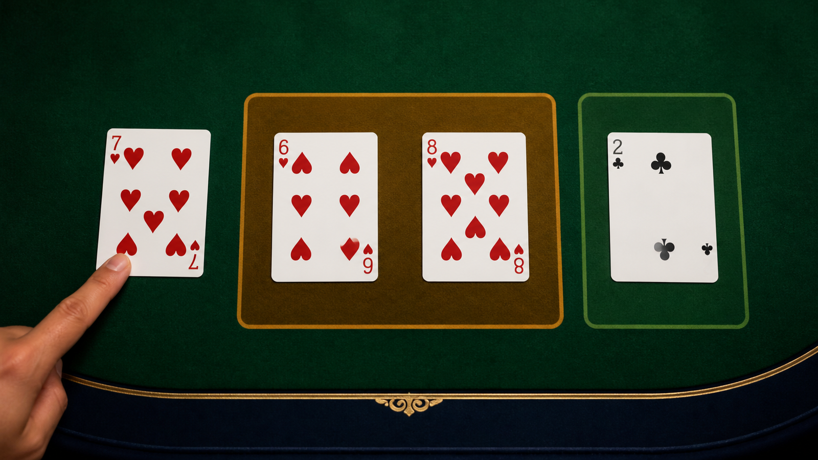 Seven of hearts pickup example comparing risky six and eight of hearts with a separate two of clubs