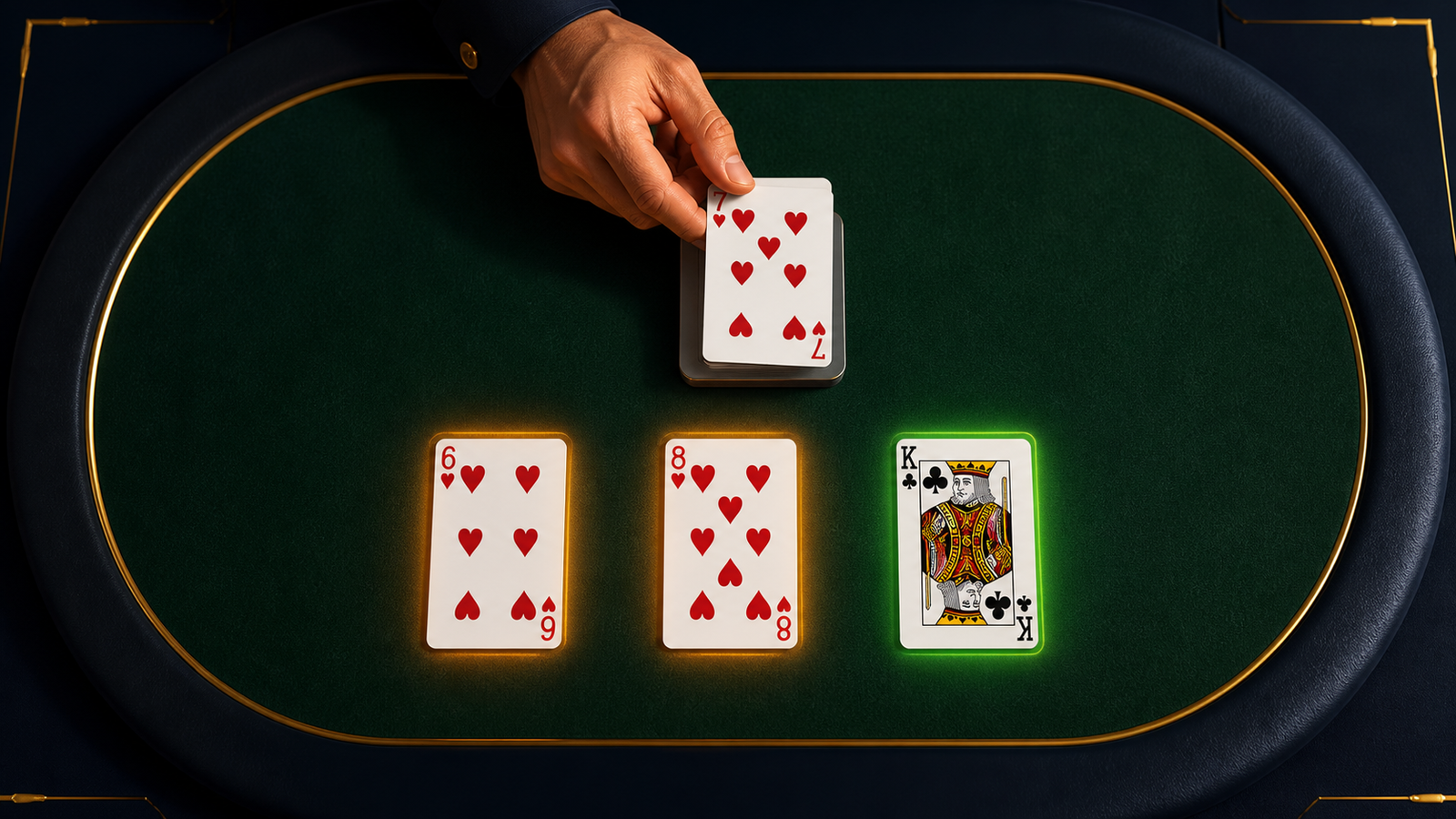 Opponent lifting the seven of hearts while six and eight of hearts are marked as cautious Indian Rummy discards