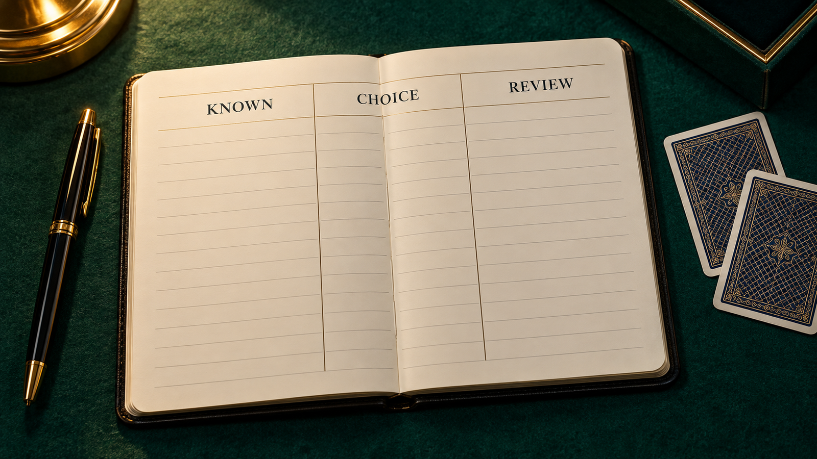 Practice notebook with Known, Choice and Review columns beside face-down cards