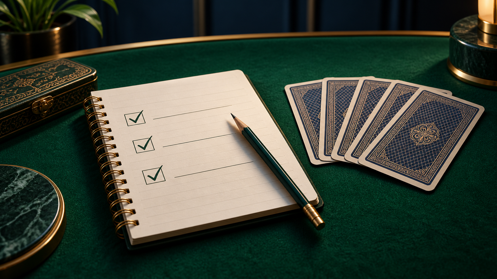 Checklist notebook and pencil beside face-down playing cards on green felt