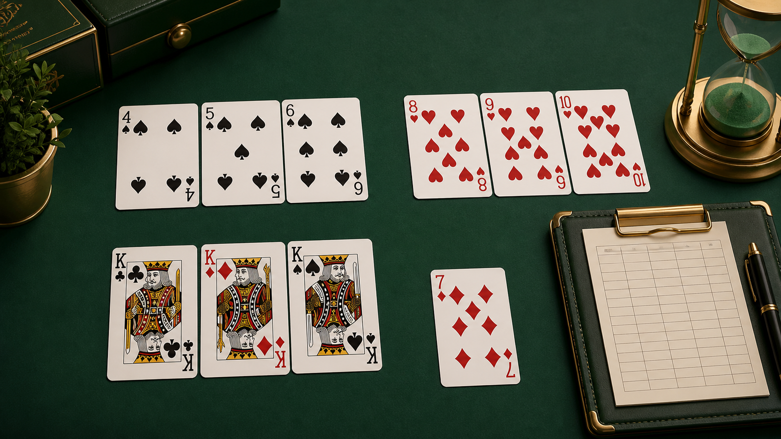 Four-five-six spades pure sequence, eight-nine-ten hearts sequence, three-suit king set and a loose seven diamond