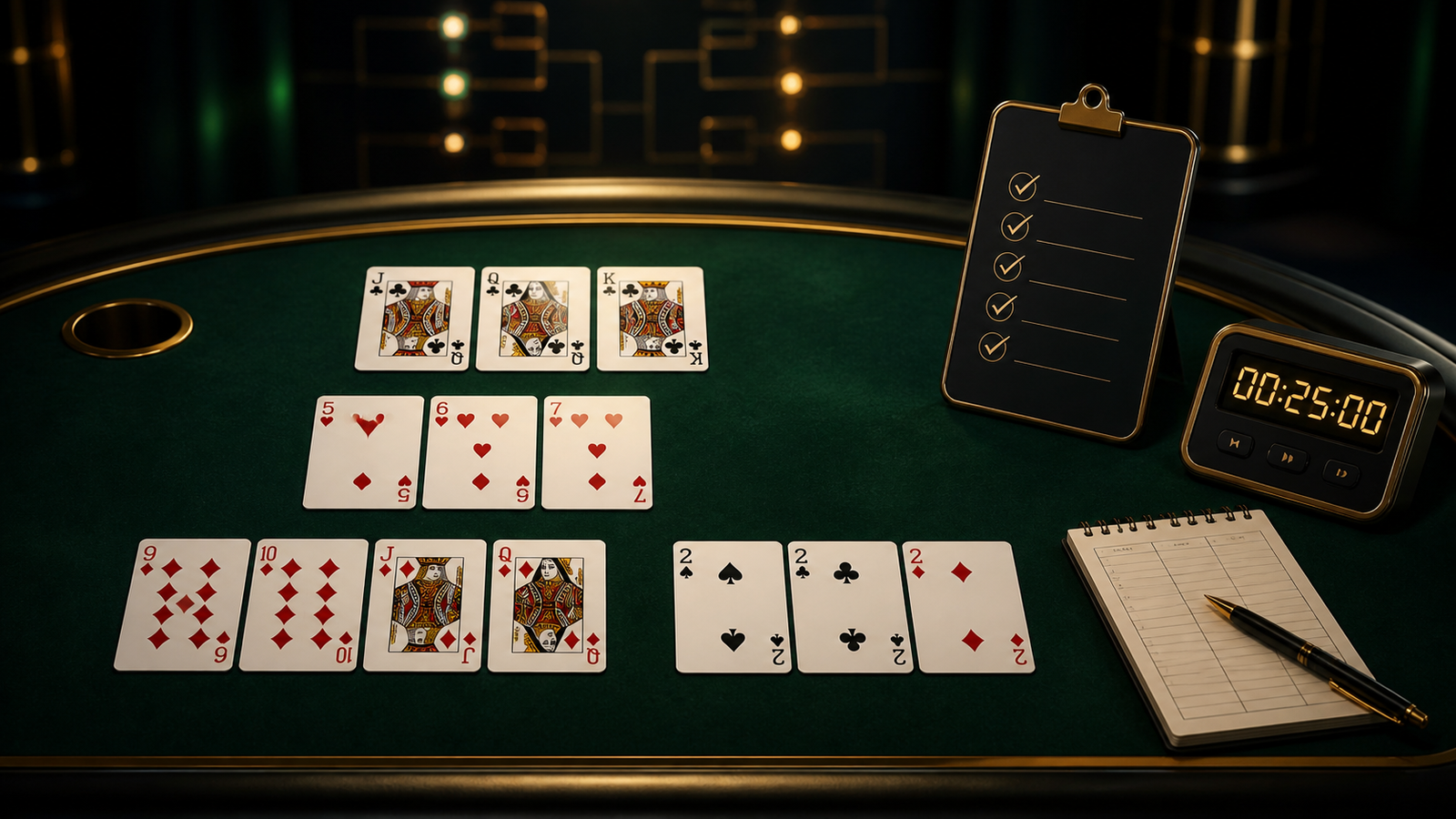 Thirteen face-up cards arranged beside a checklist and timer on a dark Indian Rummy tournament practice table