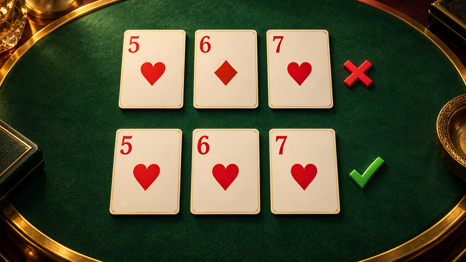 Comparison of five of hearts, six of diamonds and seven of hearts with an all-heart five-six-seven run