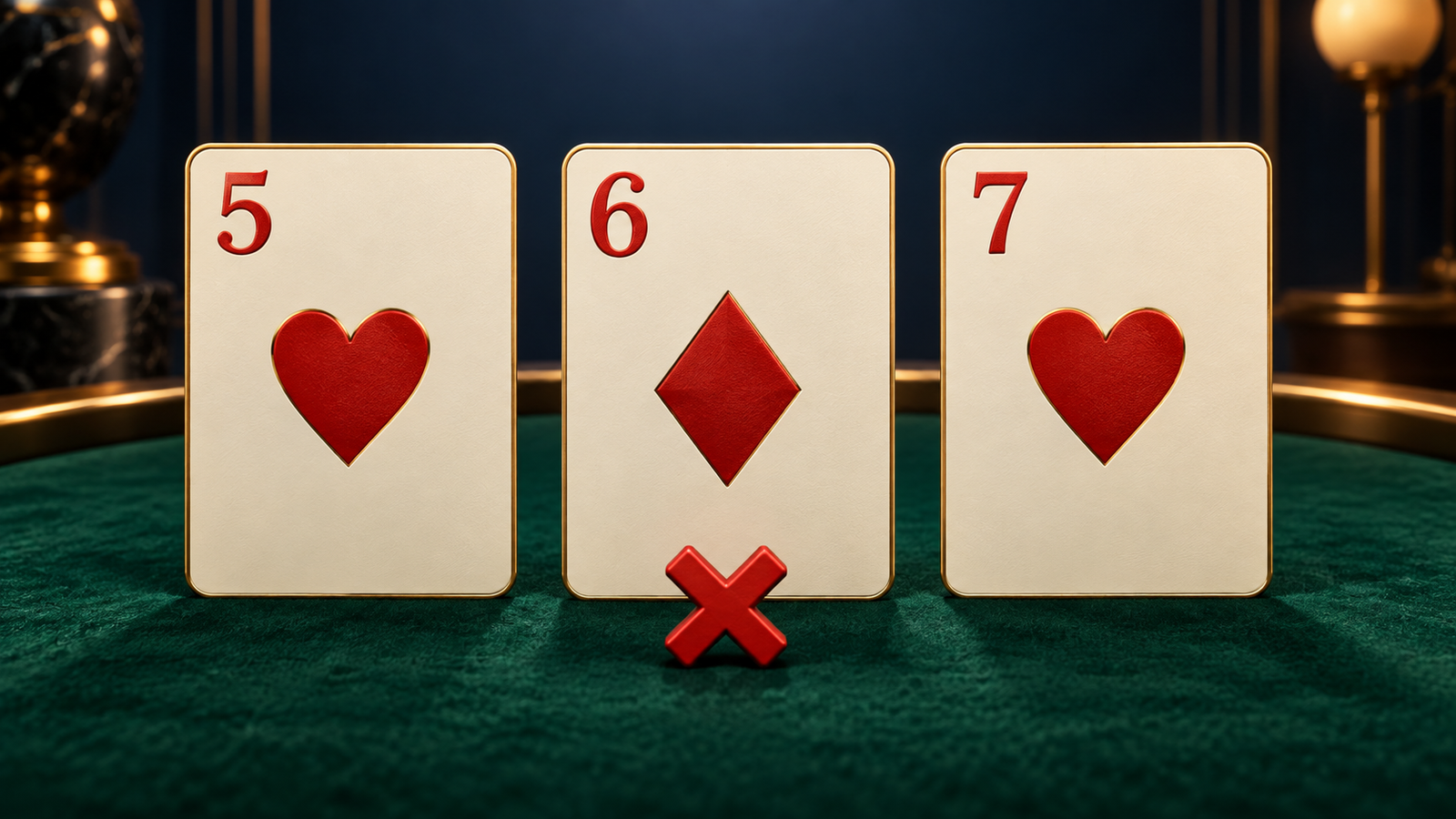 Five of hearts, six of diamonds and seven of hearts on green felt, with a red mismatch marker below the diamond