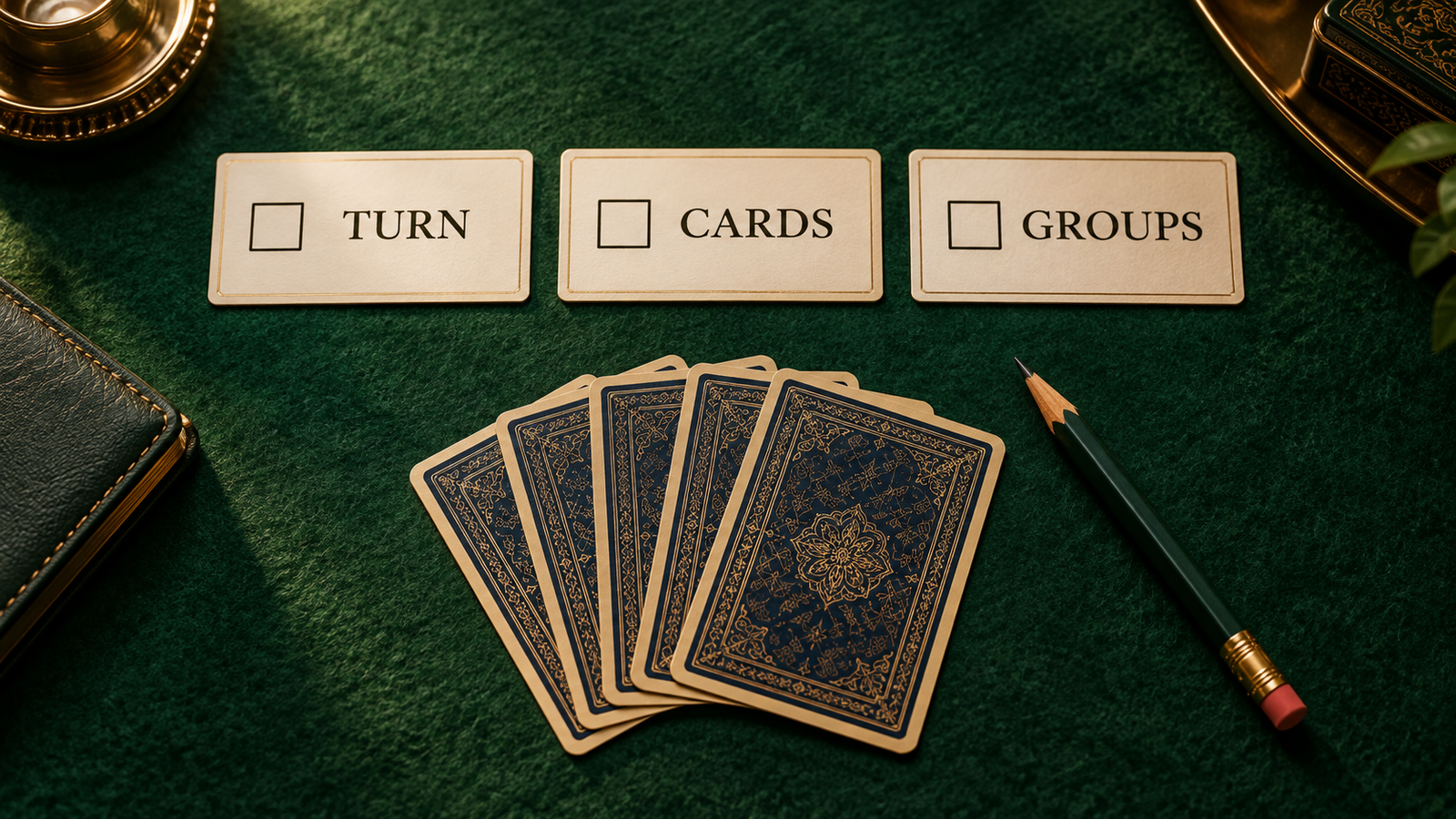 उलटी कार्ड के ऊपर Turn, Cards और Groups जांच-पट्टियां
