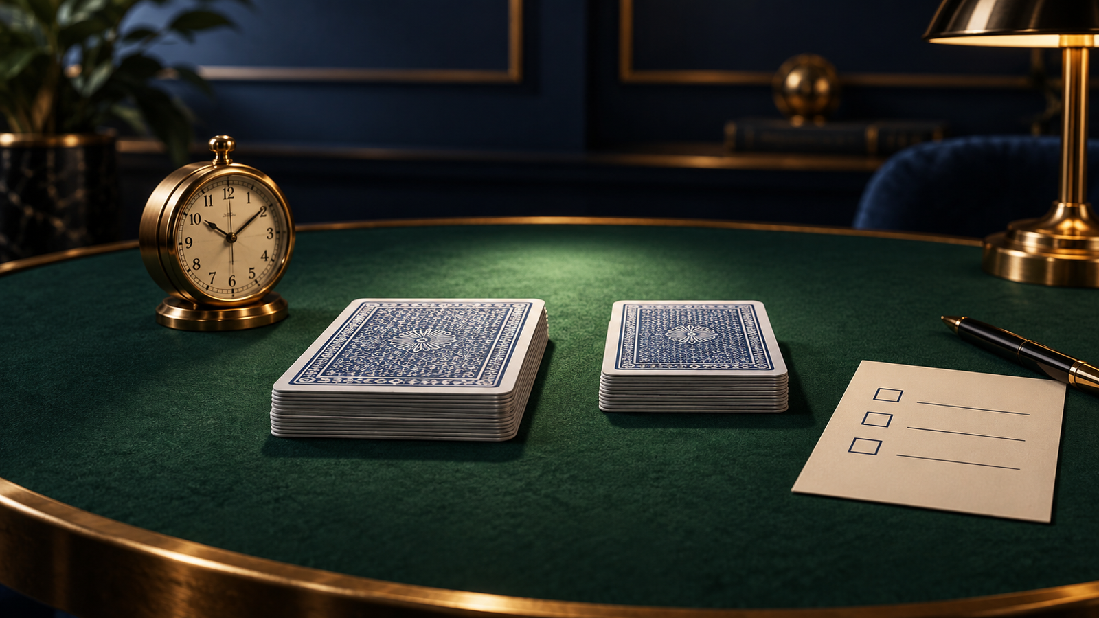 Brass timer and blank checklist beside grouped face-down cards on green felt